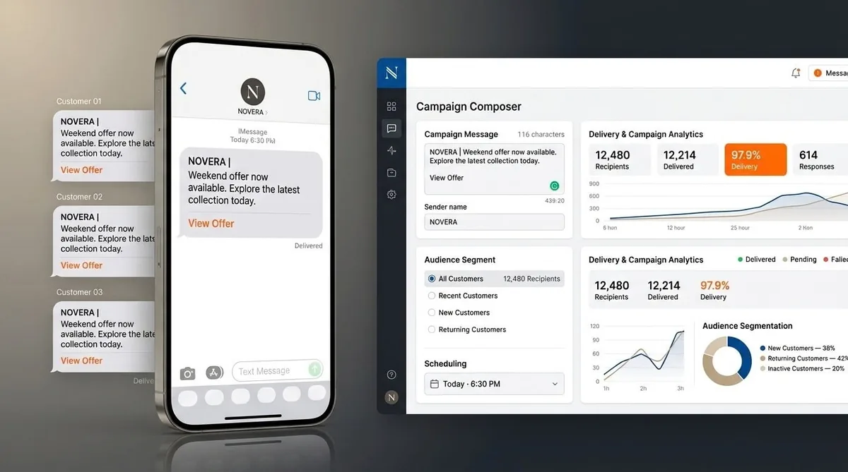 Bulk SMS campaign composer with delivery and click reports