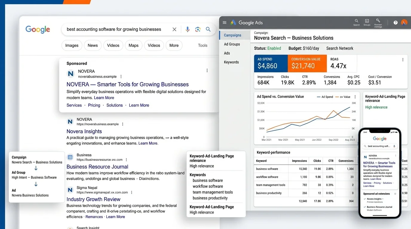 Google search results page with sponsored ads and campaign metrics