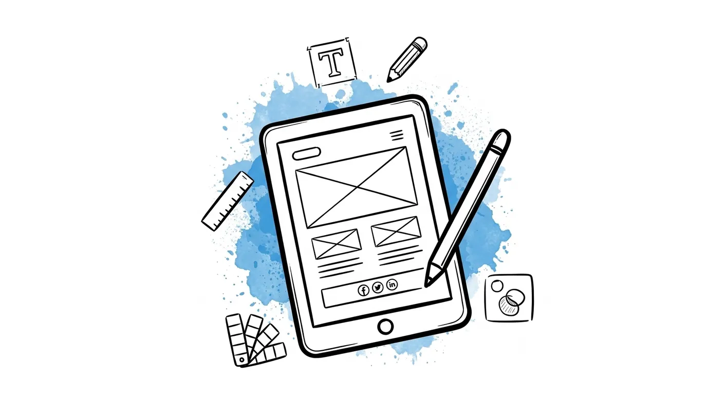 Illustration of a designer's tablet with typography, colour swatches and a stylus