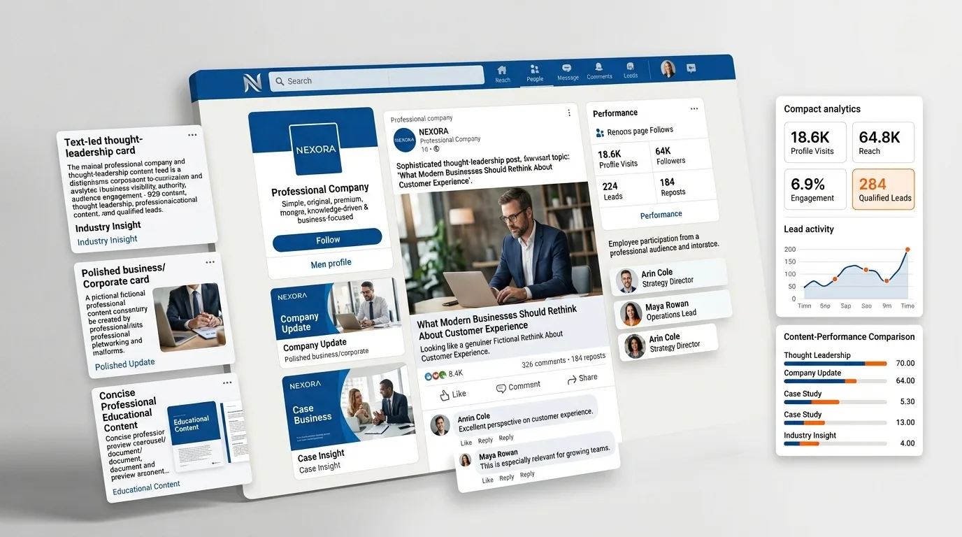 LinkedIn company page with thought leadership posts and analytics