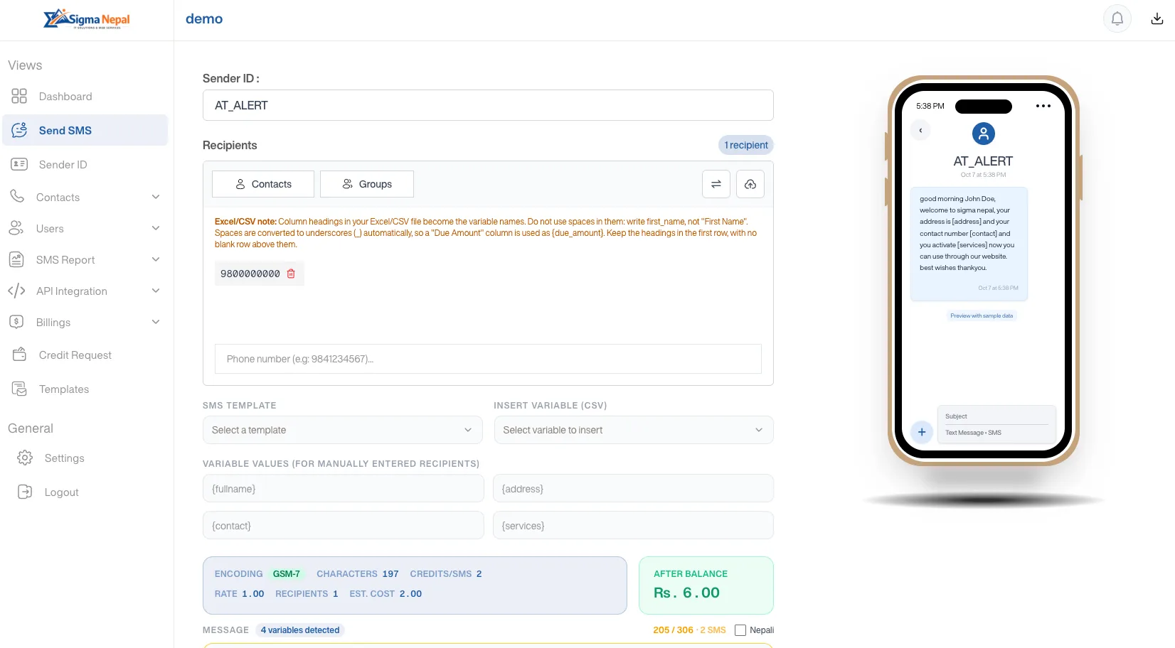 Sigma SMS send screen with sender ID, recipients, Excel/CSV variables, encoding, character count, credits per SMS, estimated cost and a phone preview