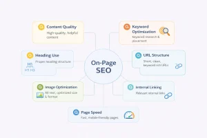 On-page SEO optimization diagram showing key factors like content, keywords, headings, URLs, images, and page speed by Sigma Nepal