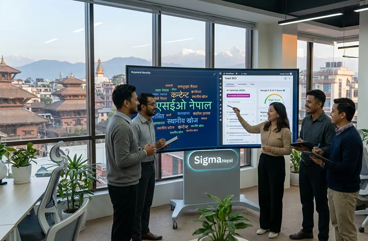 A professional Sigma Nepal team in a modern office with a view of Kathmandu and the Himalayas, using a large interactive display showing a Yoast SEO E-E-A-T dashboard and Devanagari keyword visualizations for 2026